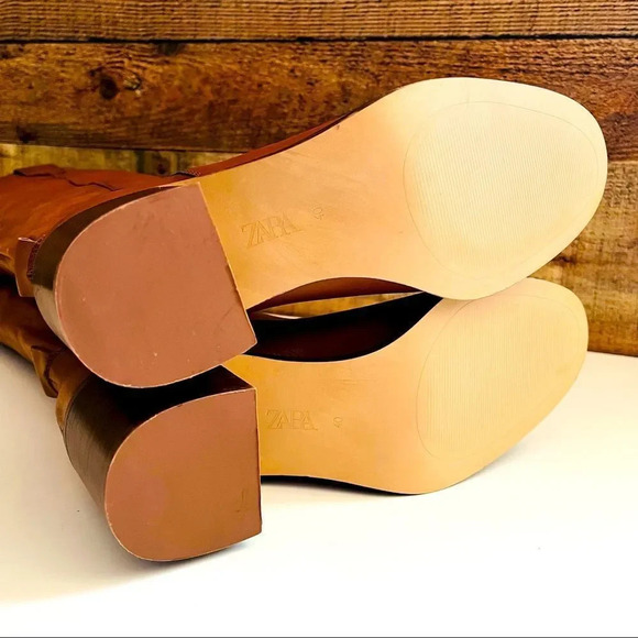 NWOT Zara Cognac Leather Block Heel Knee High Boots - Picture 10 of 10